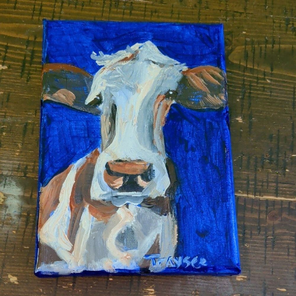 original 5x7 inch acrylic handpainted painting of a cow on canvas, handmade art